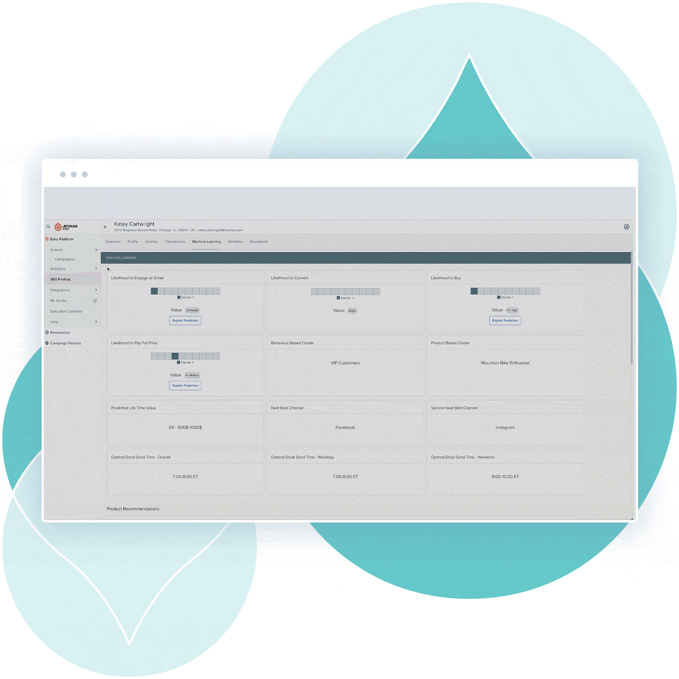 animation of the Acquia CDP product on top of teal acquia droplets