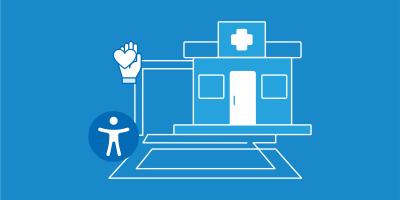 Illustration of the accessibility logo with a medical  building and a heart