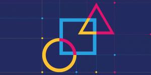 Centered on a blue background, overlapping outlines of a yellow circle, blue circle, and pink triangle