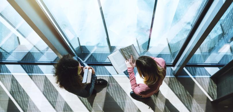 Aerial photo of two individuals standing by windows looking at textbooks