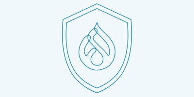 Two-color illustration of Drupal logo centered in a shield