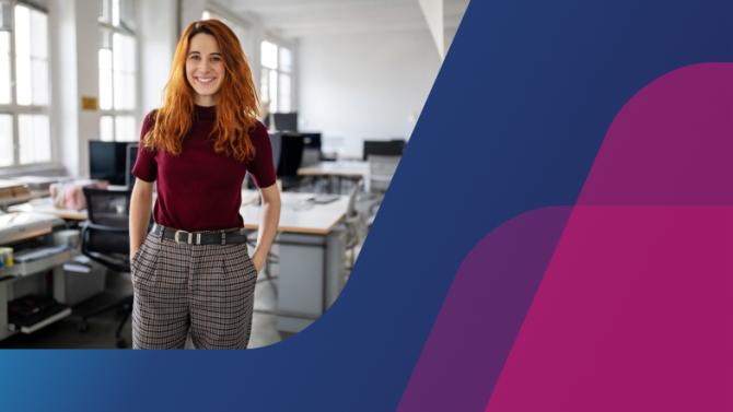 navy to blue background with image of woman standing in office