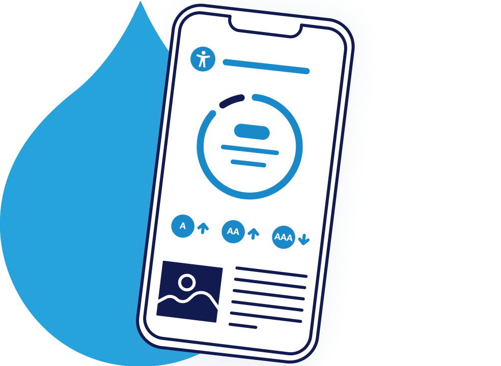 Illustration of a mobile device with an accessibility score using WCAG's a, AA, and AAA compliance standards