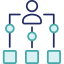 navy and teal line art of a person connected to various circles and squares