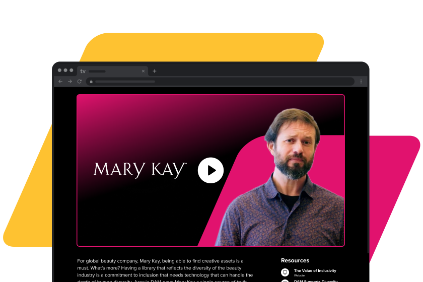 yellow and pink parallelograms with dark mode chrome browser featuring a man and the Mary Kay logo with a play button