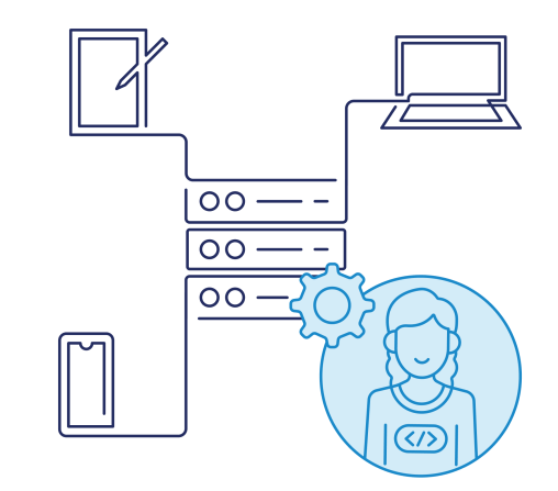 line art of devices connected by a server with an icon of a developer and settings cog overlapped