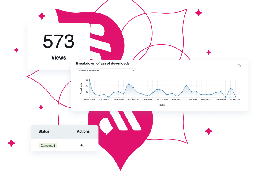 stylized graphic showing various product UI for views, breakdown of asset downloads, and status