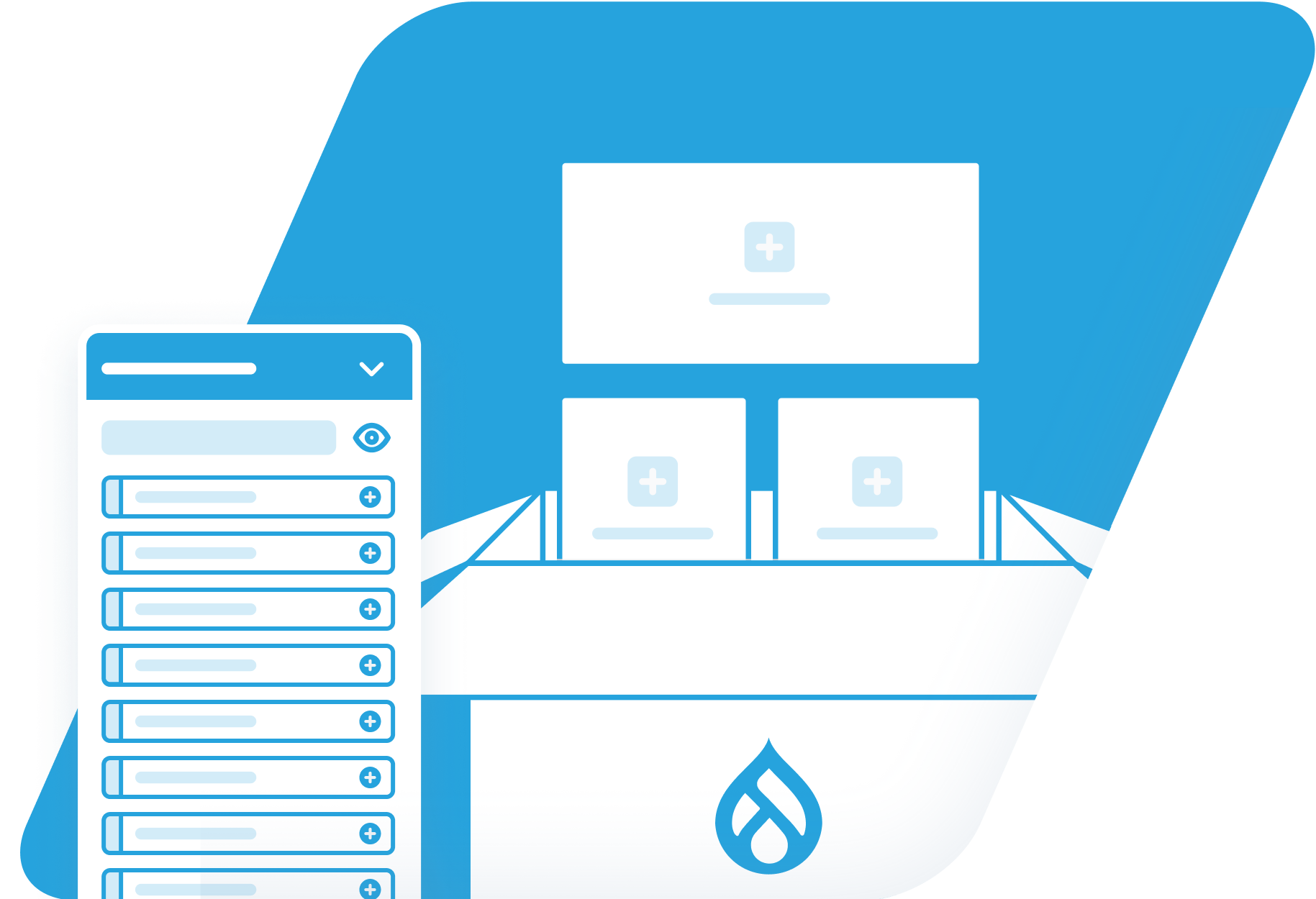 blue parallelogram with graphics of an interface coming out of a box with a drupal logo on it