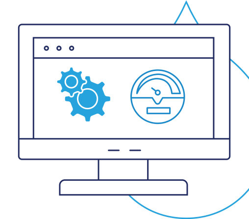 line art of a computer with a speedometer and some cogwheels