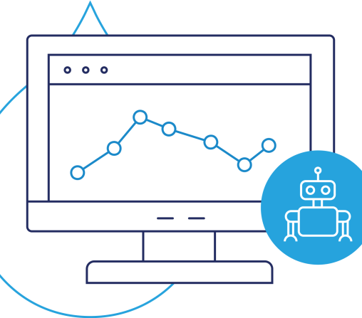 line art of a computer with data on the screen and an icon of a bot