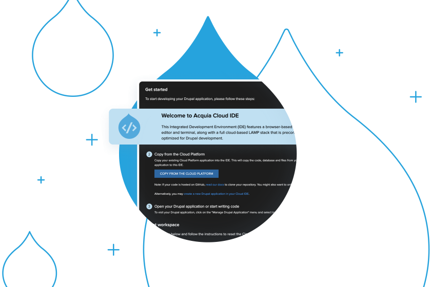 blue acquia droplets with product screenshots coming out