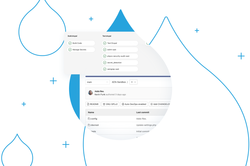 blue acquia droplets with product screenshots coming out