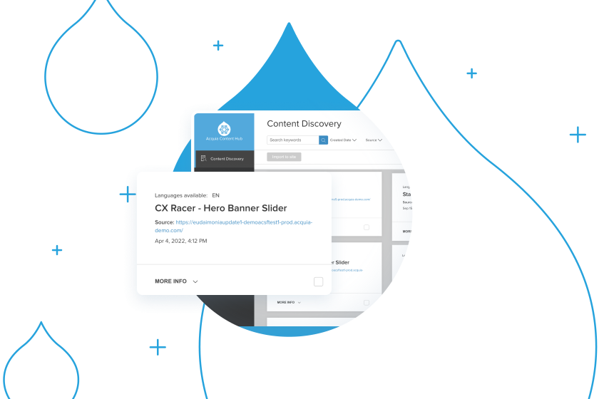 blue acquia droplets with product screenshots coming out