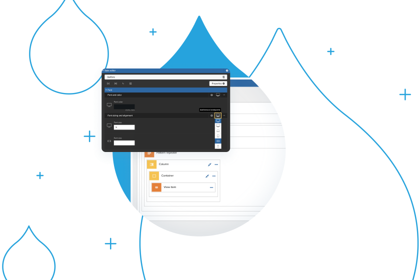 blue acquia droplets with product screenshots coming out