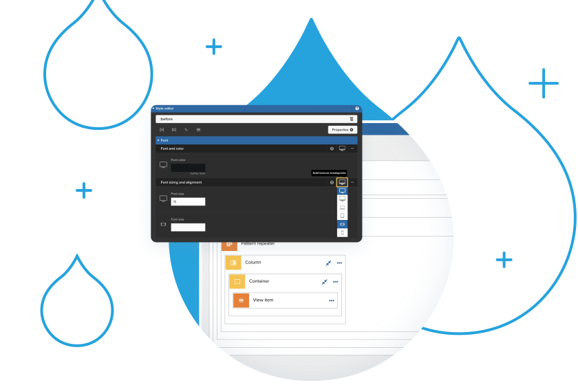 blue acquia droplets with product screenshots coming out