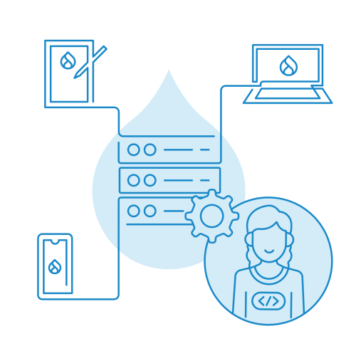 blue line art of a dev connected to a server reaching out to multiple devices