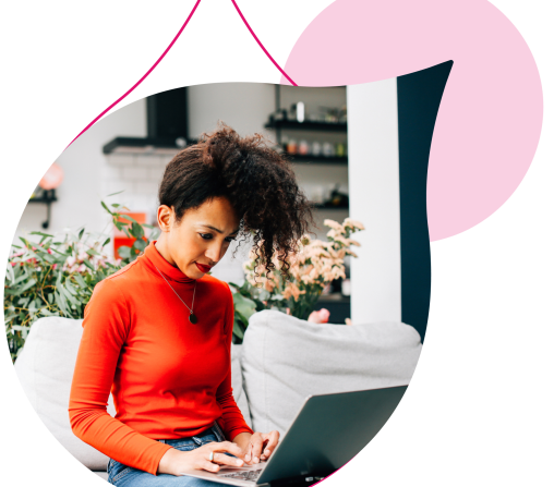 Pink acquia droplets with an image of a woman on a laptop