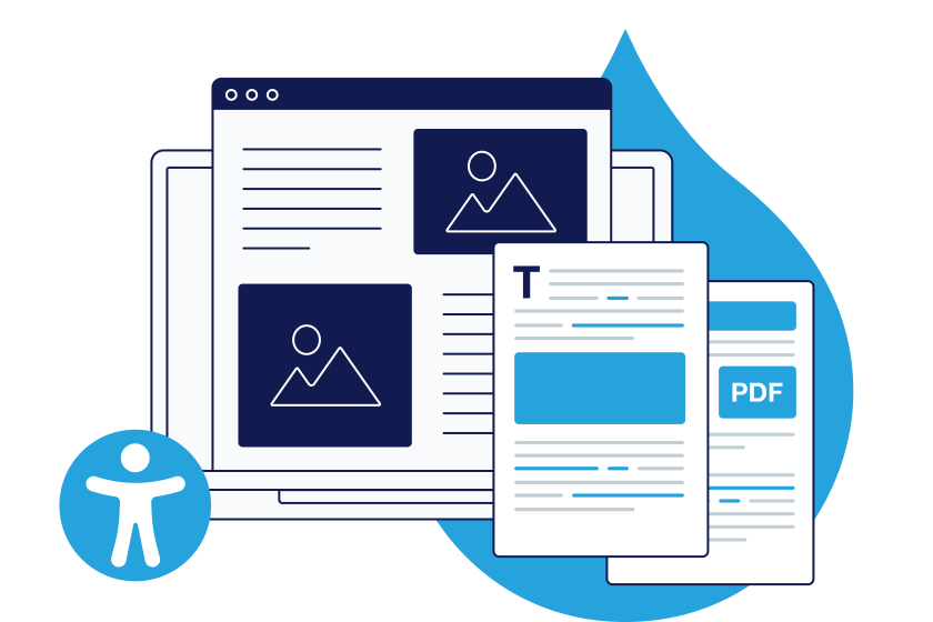 Illustration of a laptop with a web page, the accessibility logo, and PDF pages