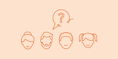 Four heads with a question mark in a speech bubble above