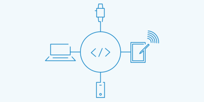 Code symbol in middle surrounded by different devices