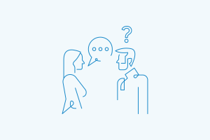 Man with question mark above head next to a woman with a speech bubble