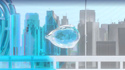 3D animation of a droplet flying through a city