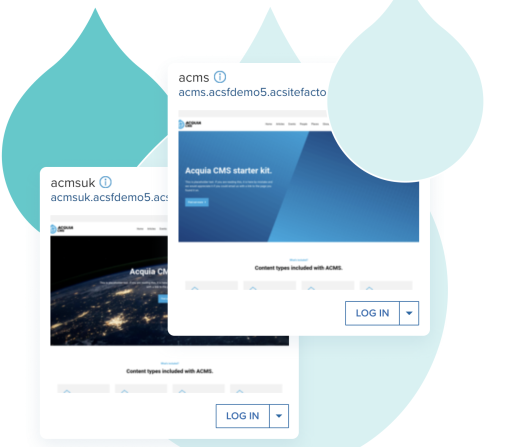 teal droplets surrounded be product screenshots of Acquia Site Factory