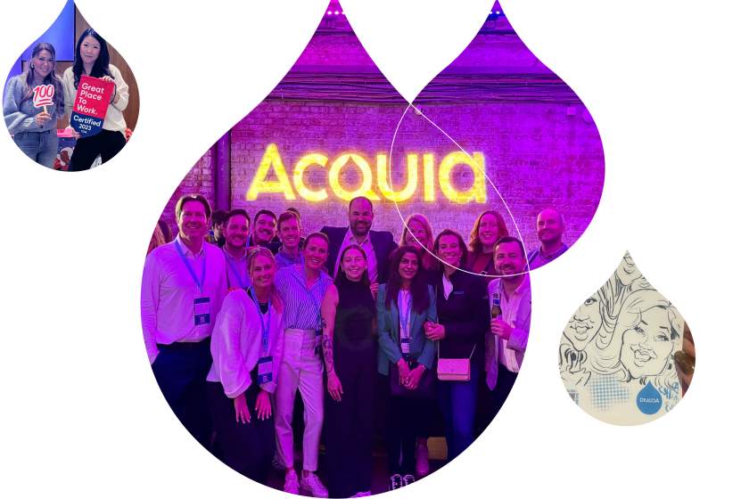 stylized graphic of different moments featuring a team in front of the Acquia logo, custom charactertures, and people holding up signs with the great place to work badge