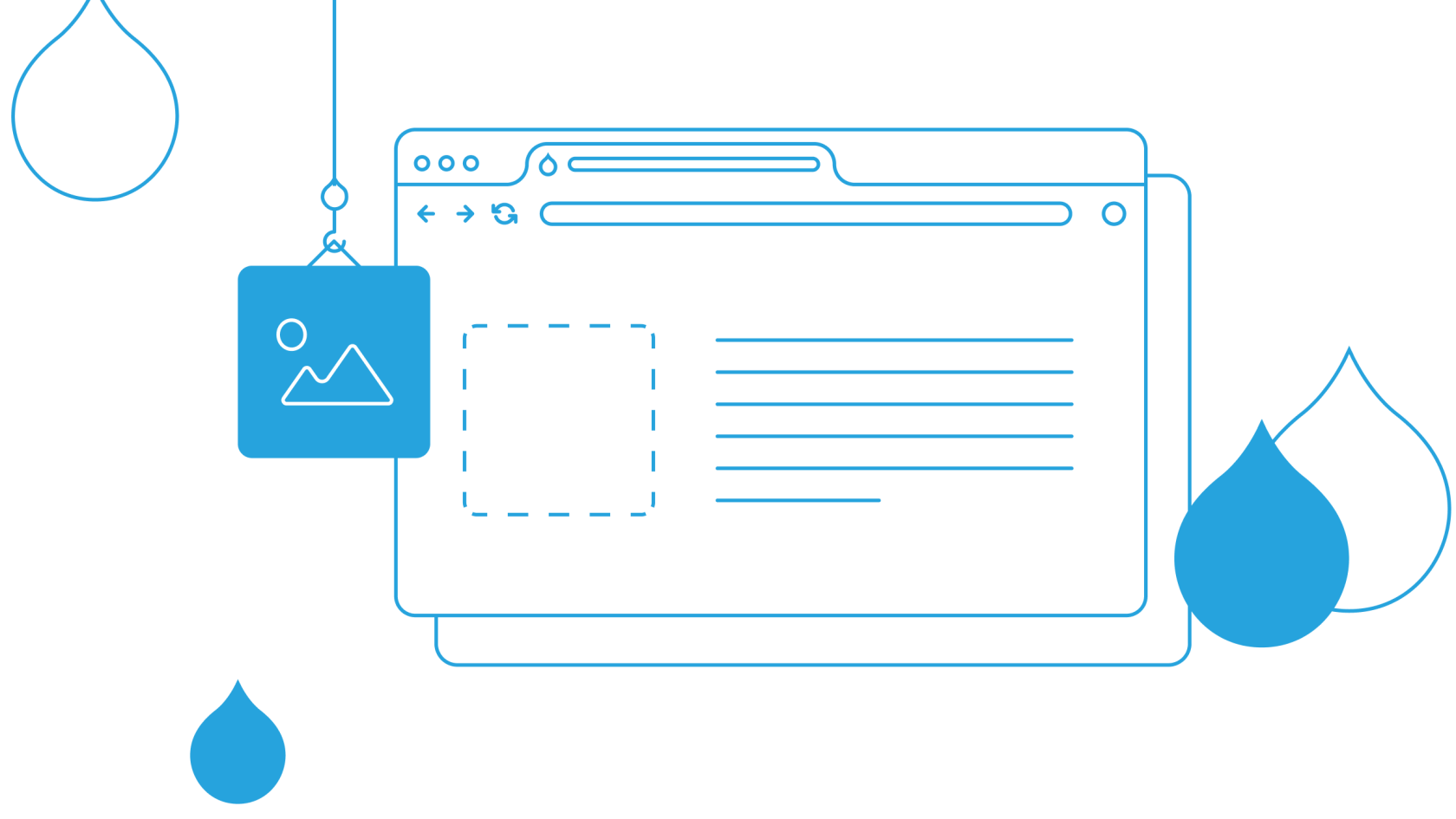 blue acquia droplets with a crane building a browser web interface