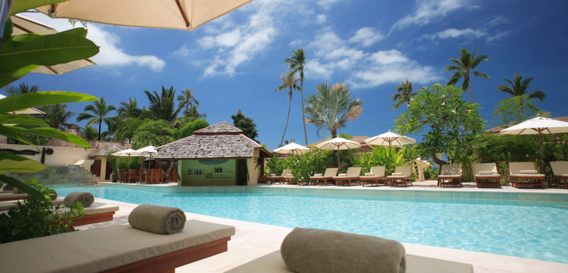 Poolside view at a tropical resort