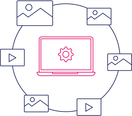 navy and pink line art of image and video icons surrounding a laptop with a coghweel in the center