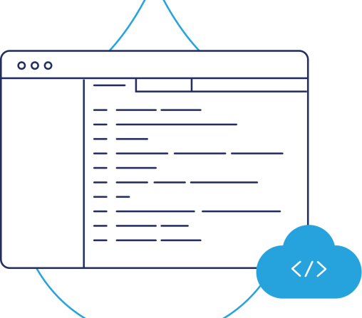Blue acquia droplets with line art of a browser with code