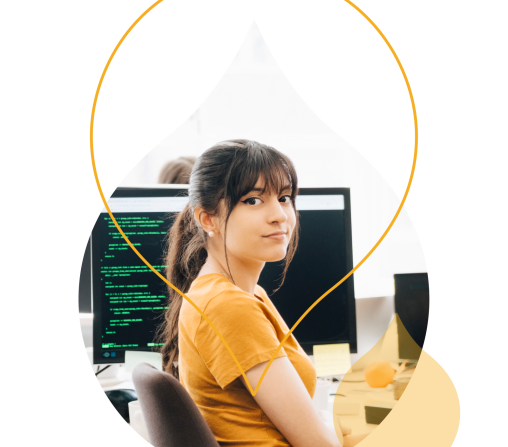 yellow acquia droplets with an image of a woman at a computer with code on it