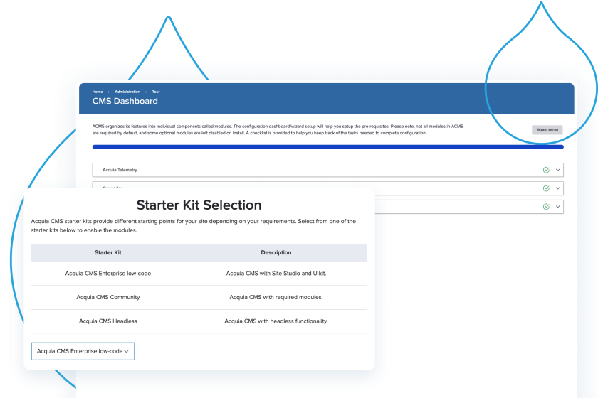 blue acquia droplets outlines with screenshots from Acquia CMS Starter Kits