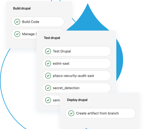 blue acquia droplets with product screenshots coming out