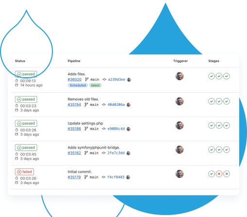 blue acquia droplets with product screenshots coming out