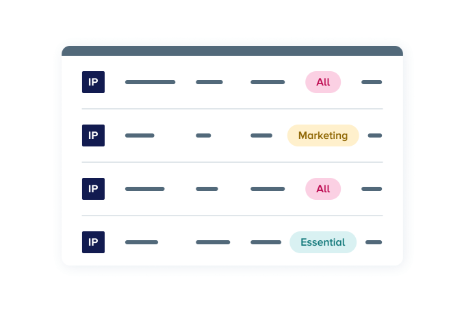 Stylized product UI with a log that has all, marketing, and essential regulation states