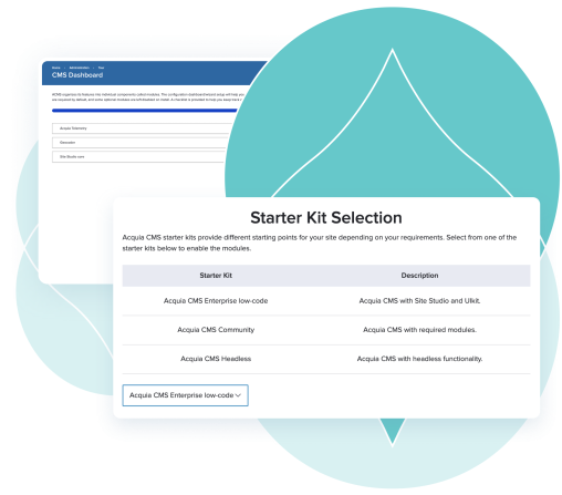 Various teal droplets with product screenshots of Acquia CMS