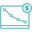 teal icon of a chart trending down with a money logo