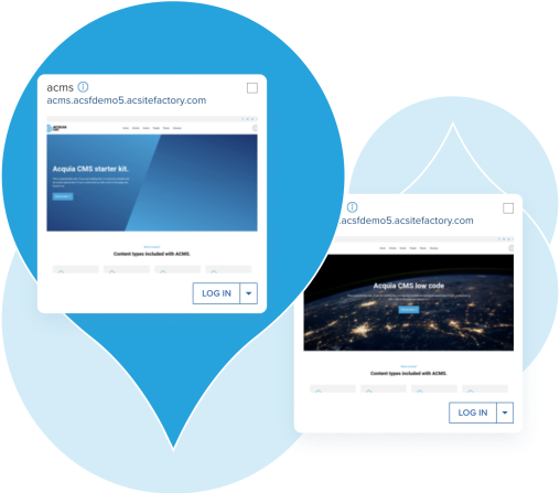 blue acquia droplets behind screenshots from Acquia Site Factory