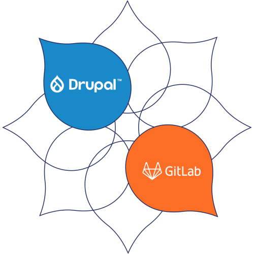 floral droplet pattern with drupal logo and gitlab logo