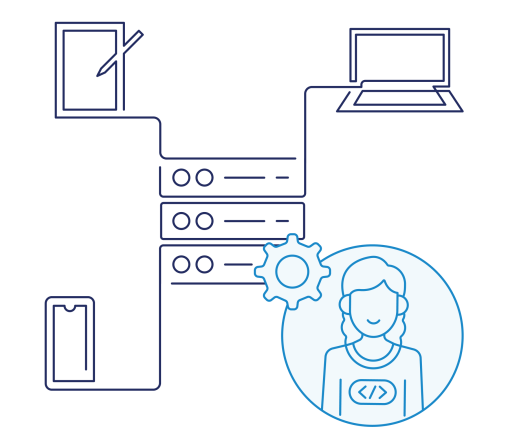 navy and blue line art of server connected to three different devices and a developer