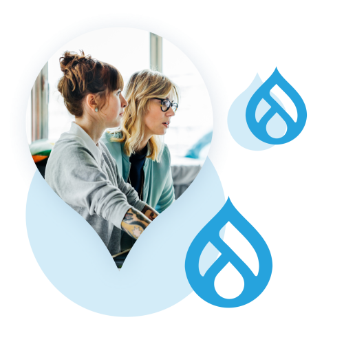 Image of two women on a laptop surrounded by drupal logos