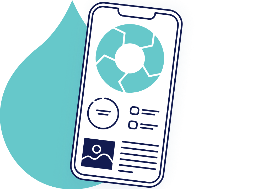 Illustration of a mobile device that has a cycle of interlinking elements and an analytic chart below