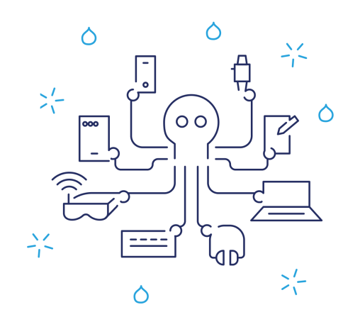 navy octopus holding a variety of tech gear