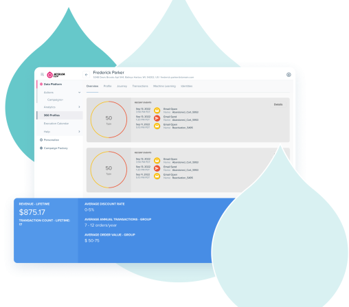 teal acquia droplets overlaid with screenshots from Acuia CDP