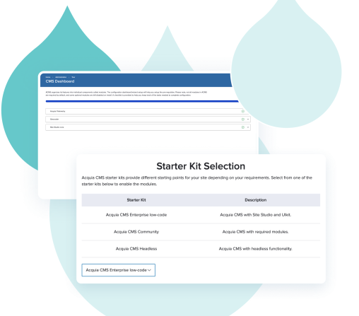 teal acquia droplets overlaid with screenshots from Acquia CMS