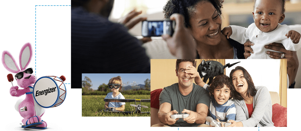 Collage with pink Energizer bunny mascot and families using battery-powered goods