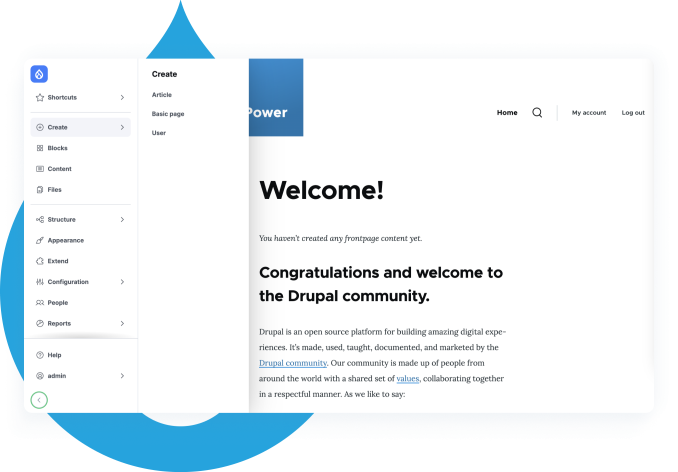 Drupal Product uI showing the updated vertical nav creating a web page