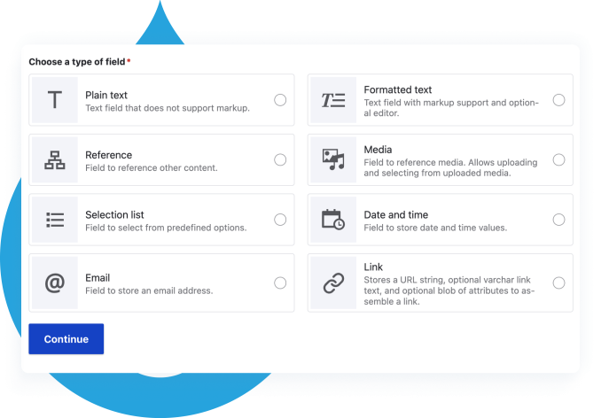 Drupal Product uI showing a list of field types to select from